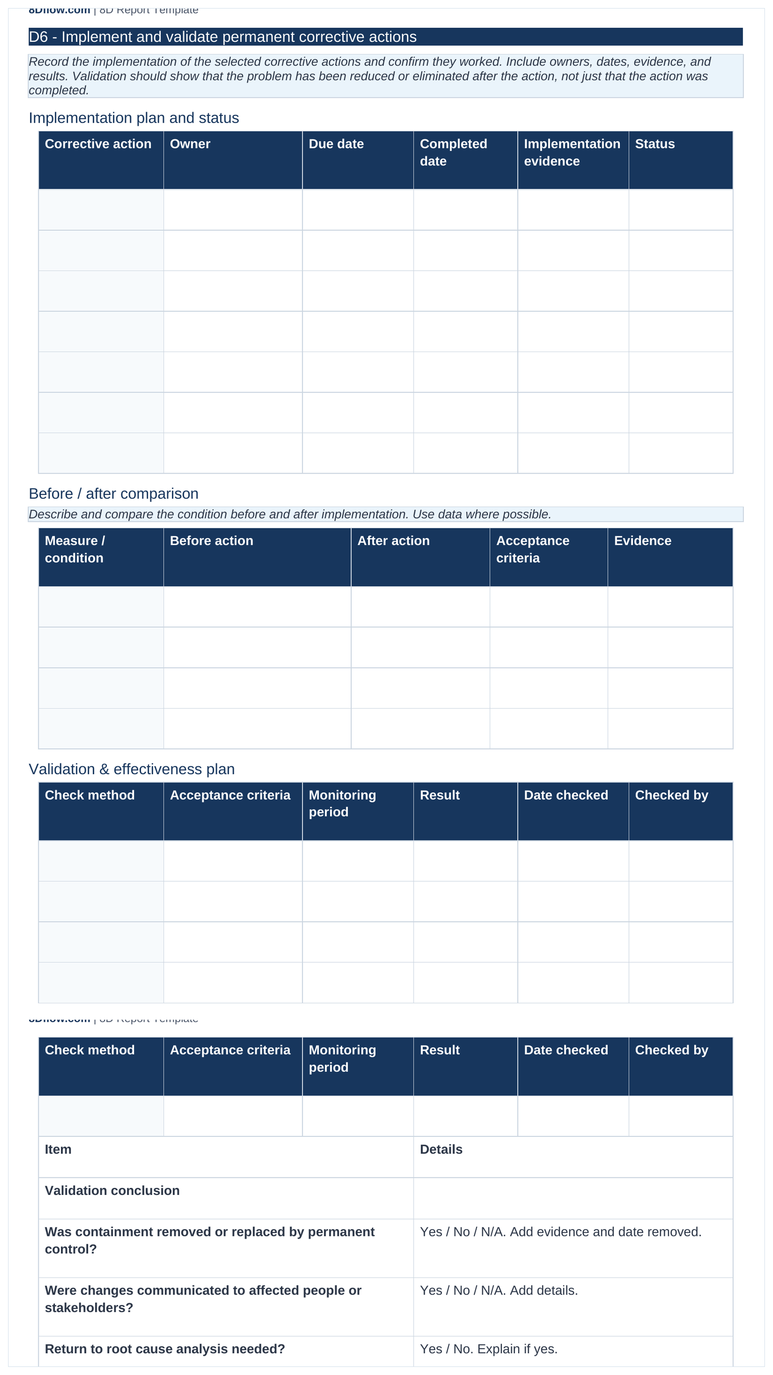8D D6 implementation verification and effectiveness plan