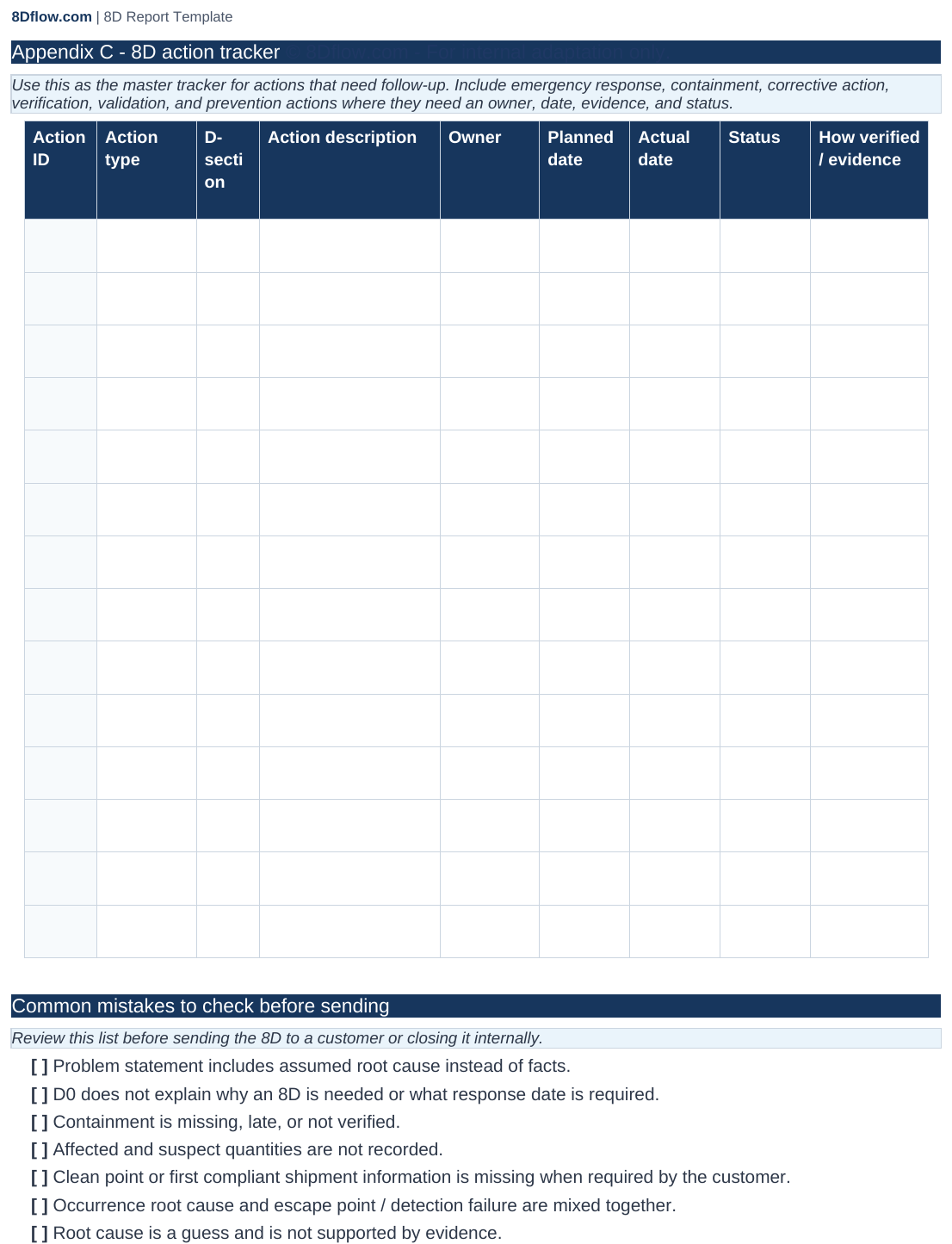 8D appendix action tracker and common mistakes checklist