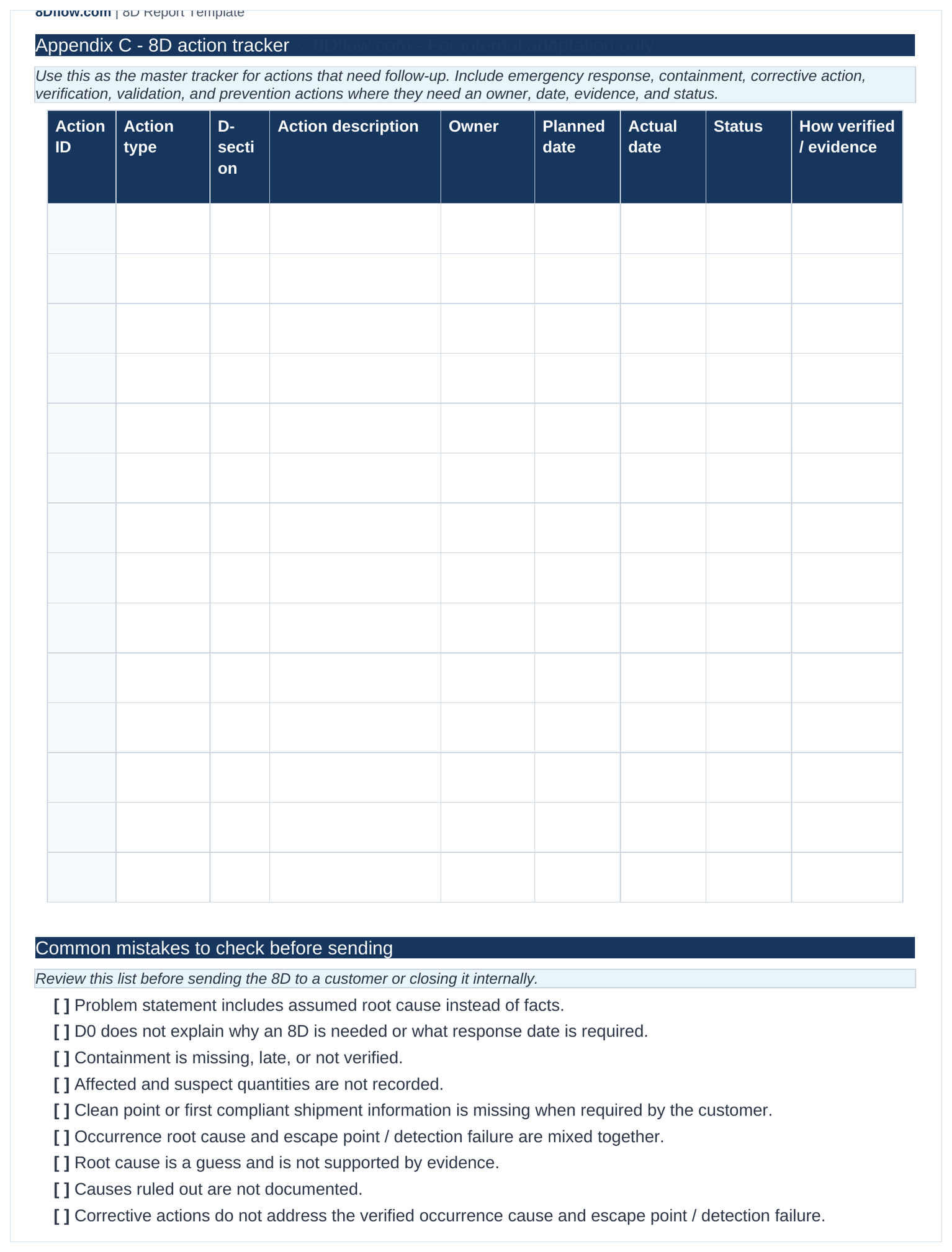 8D appendix action tracker and common mistakes checklist
