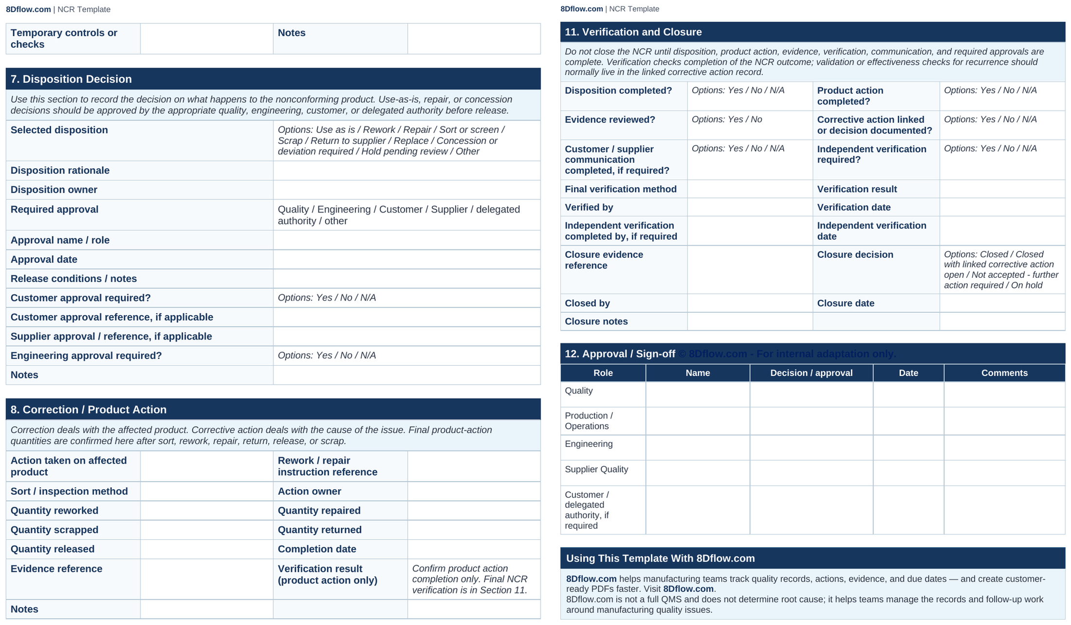 NCR template sections for disposition, correction, corrective action decision, evidence, and closure
