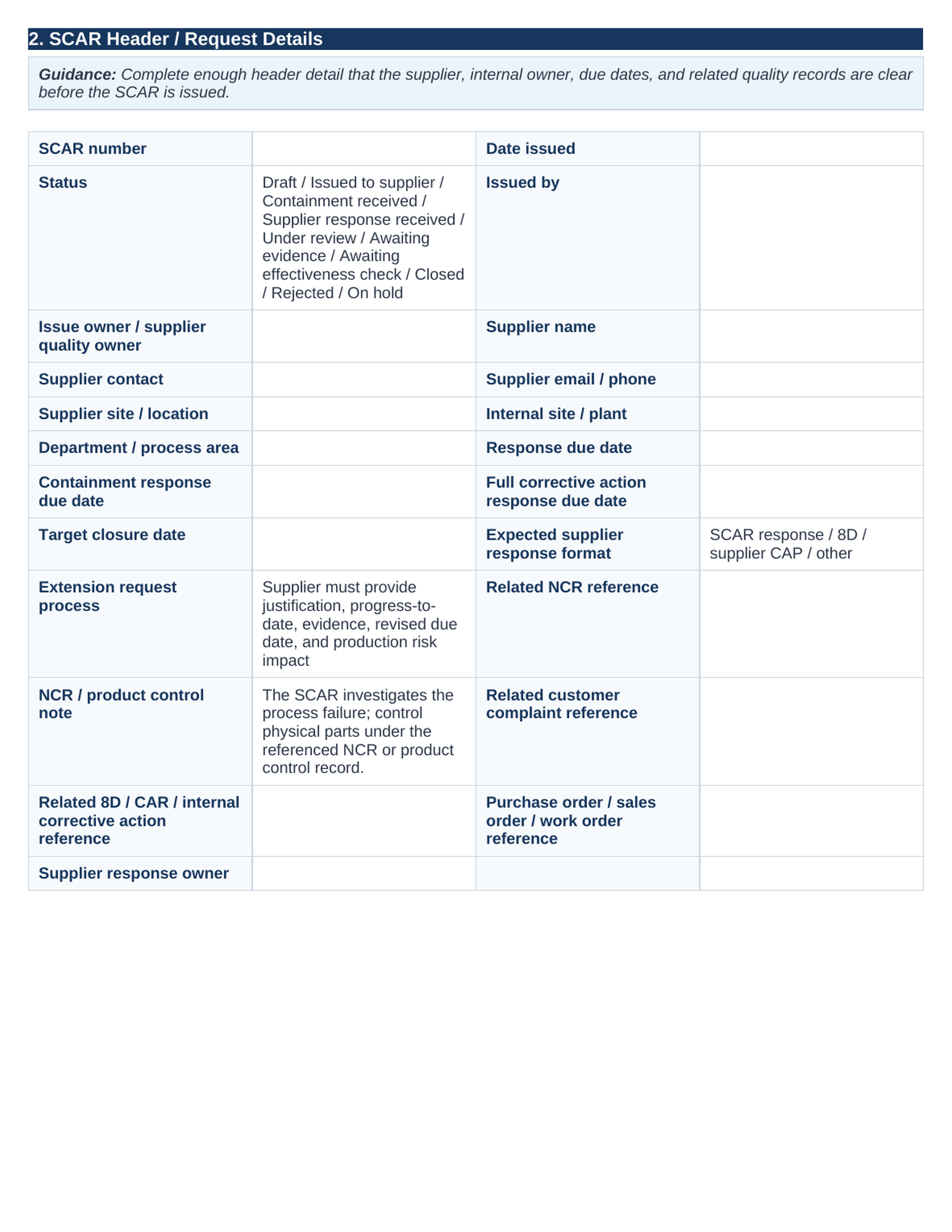 SCAR header and request details section of the supplier corrective action request template