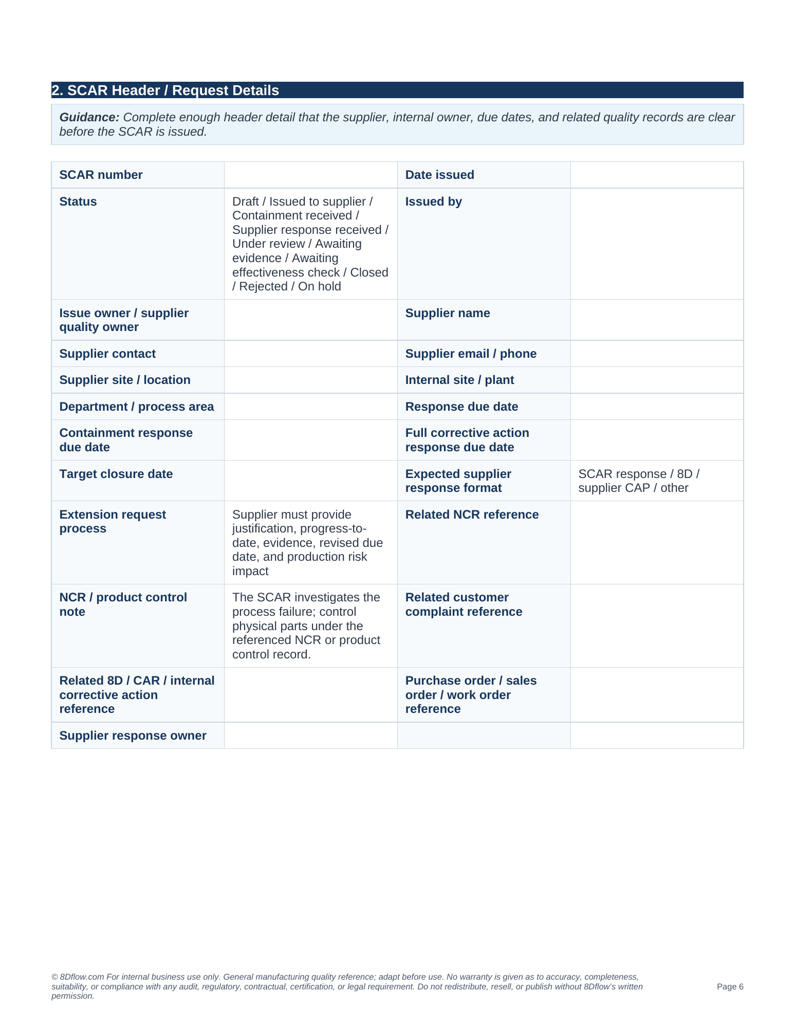 SCAR header and request details section of the supplier corrective action request template