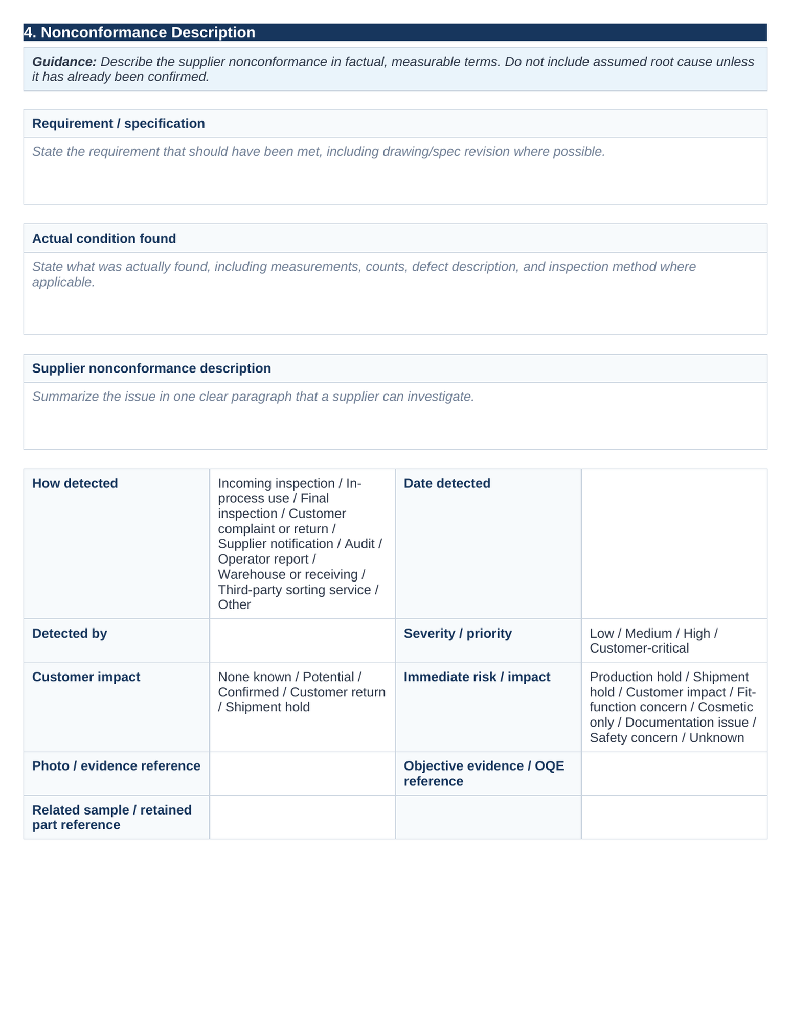 Nonconformance description section of the supplier corrective action request template