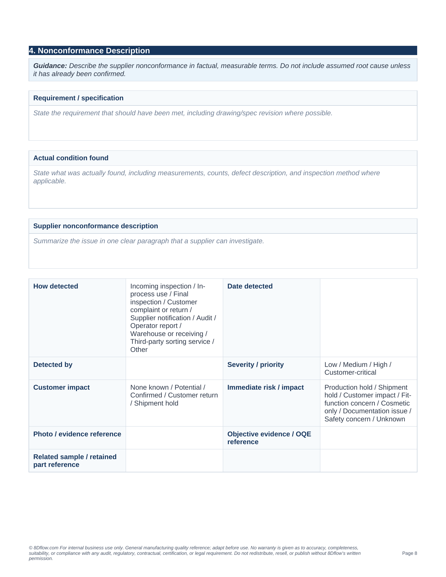 Nonconformance description section of the supplier corrective action request template
