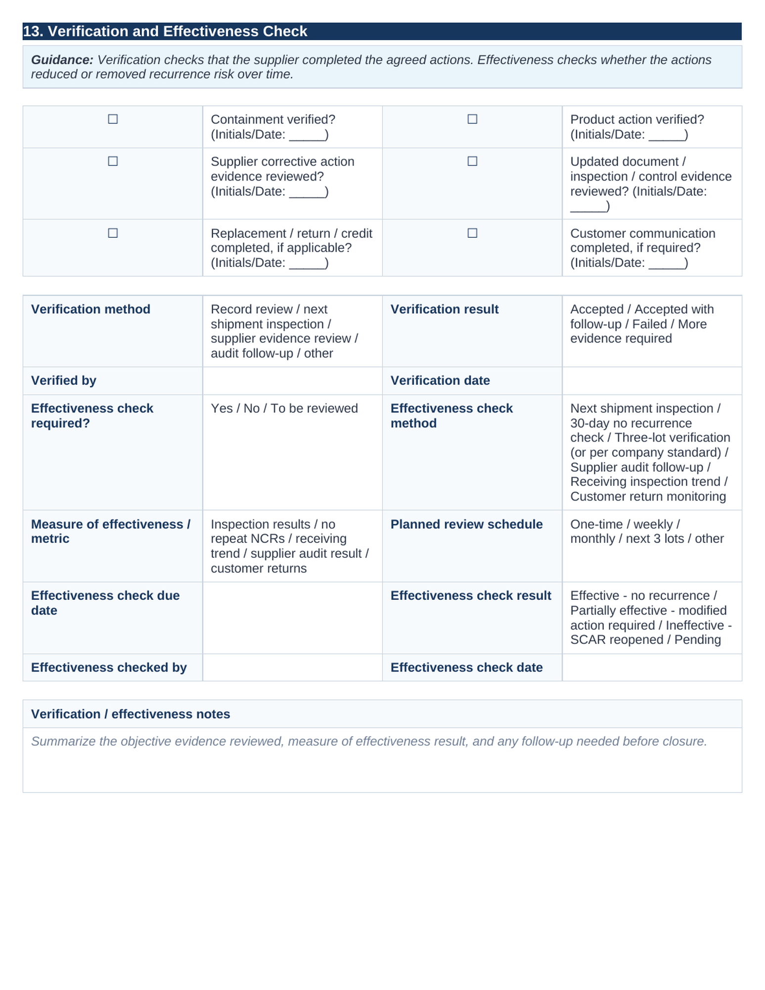 Verification and effectiveness check section of the supplier corrective action request template