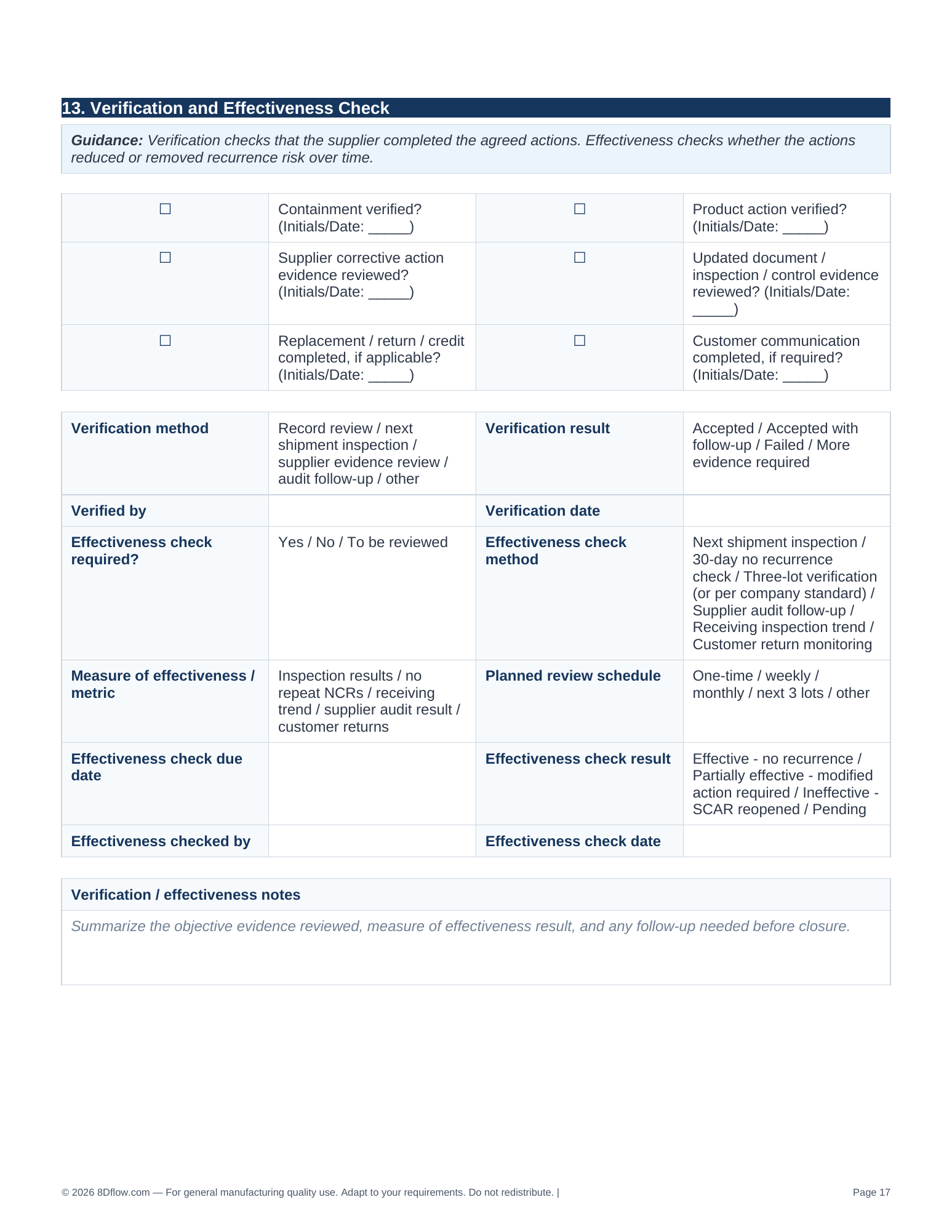 Verification and effectiveness check section of the supplier corrective action request template