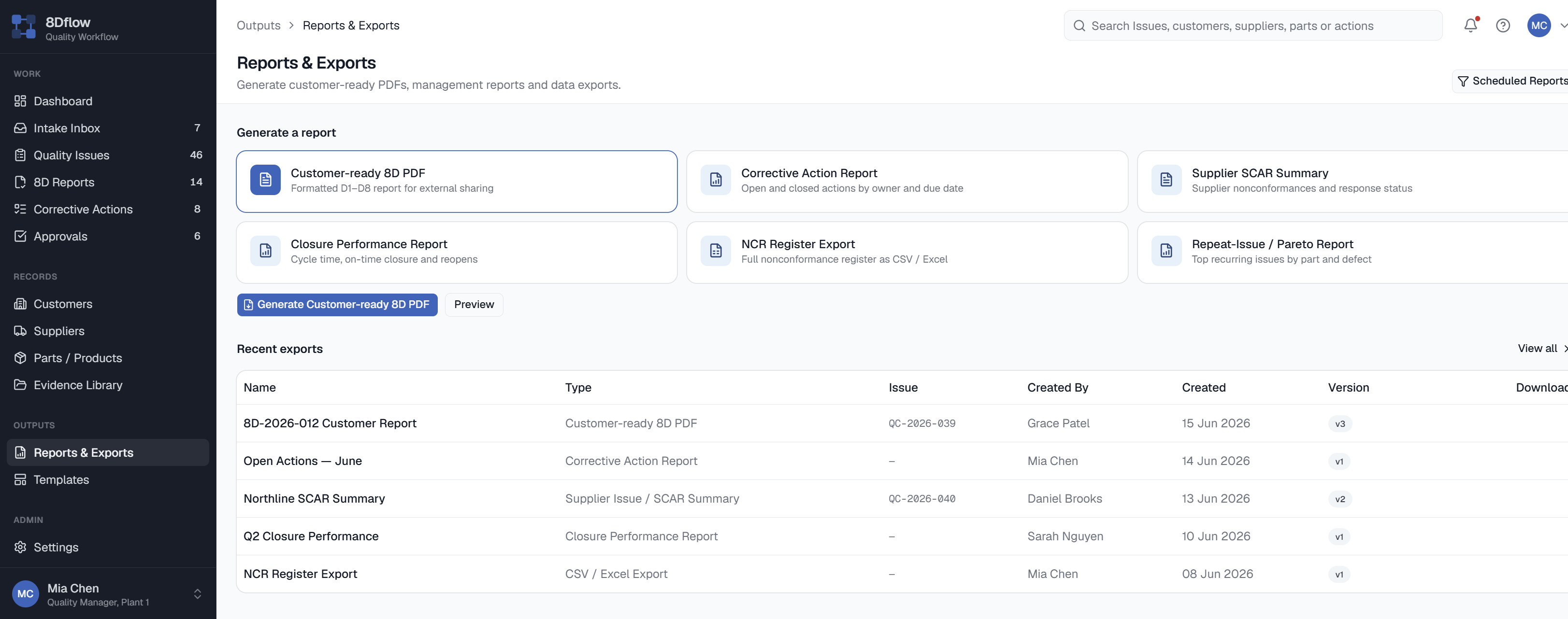 Marketing mockup of an 8D report list showing customer, part, owner, due date, open actions, and evidence status