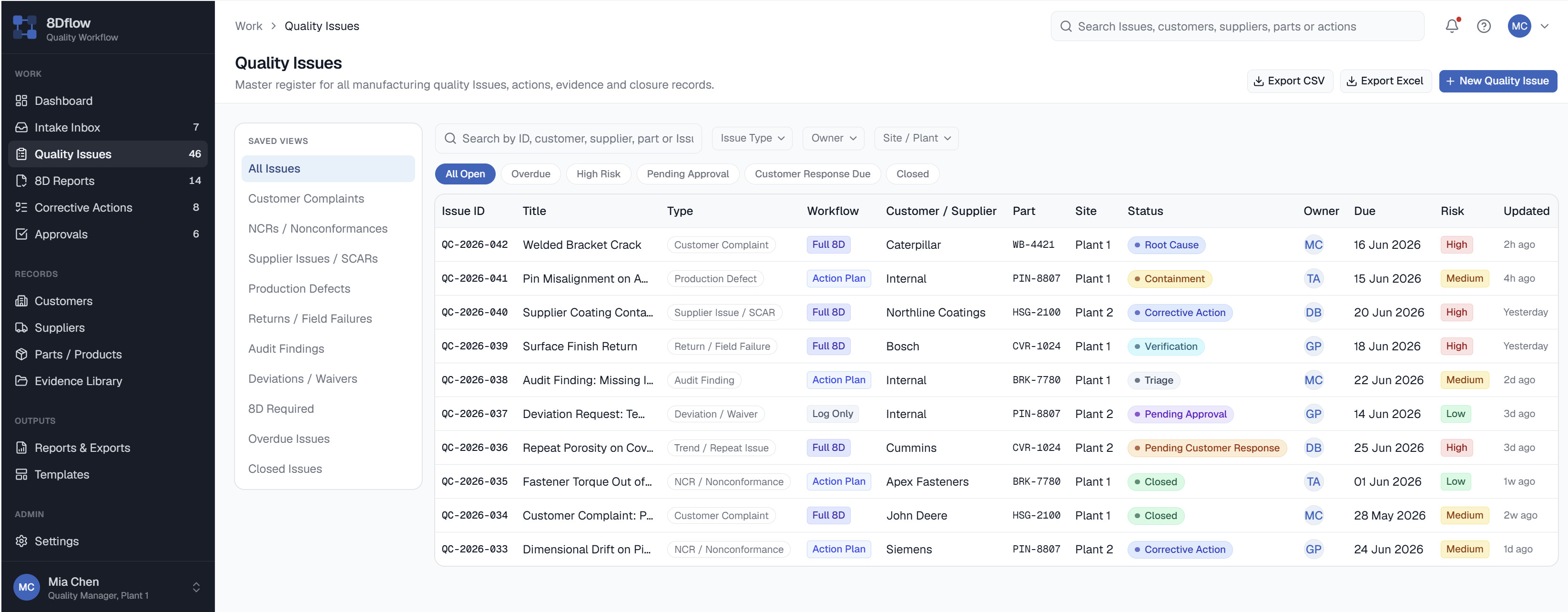 Marketing concept of an 8Dflow quality issue register showing record type, owner, status, part, customer or supplier, and due date