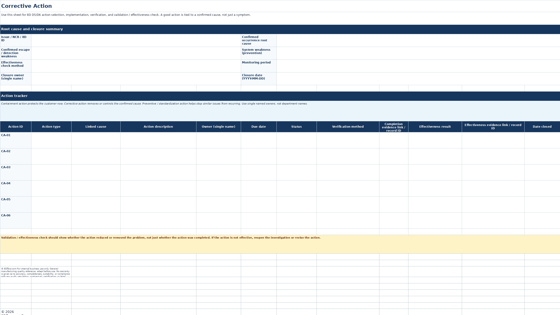 Corrective Action sheet of the 5 Whys Excel template.