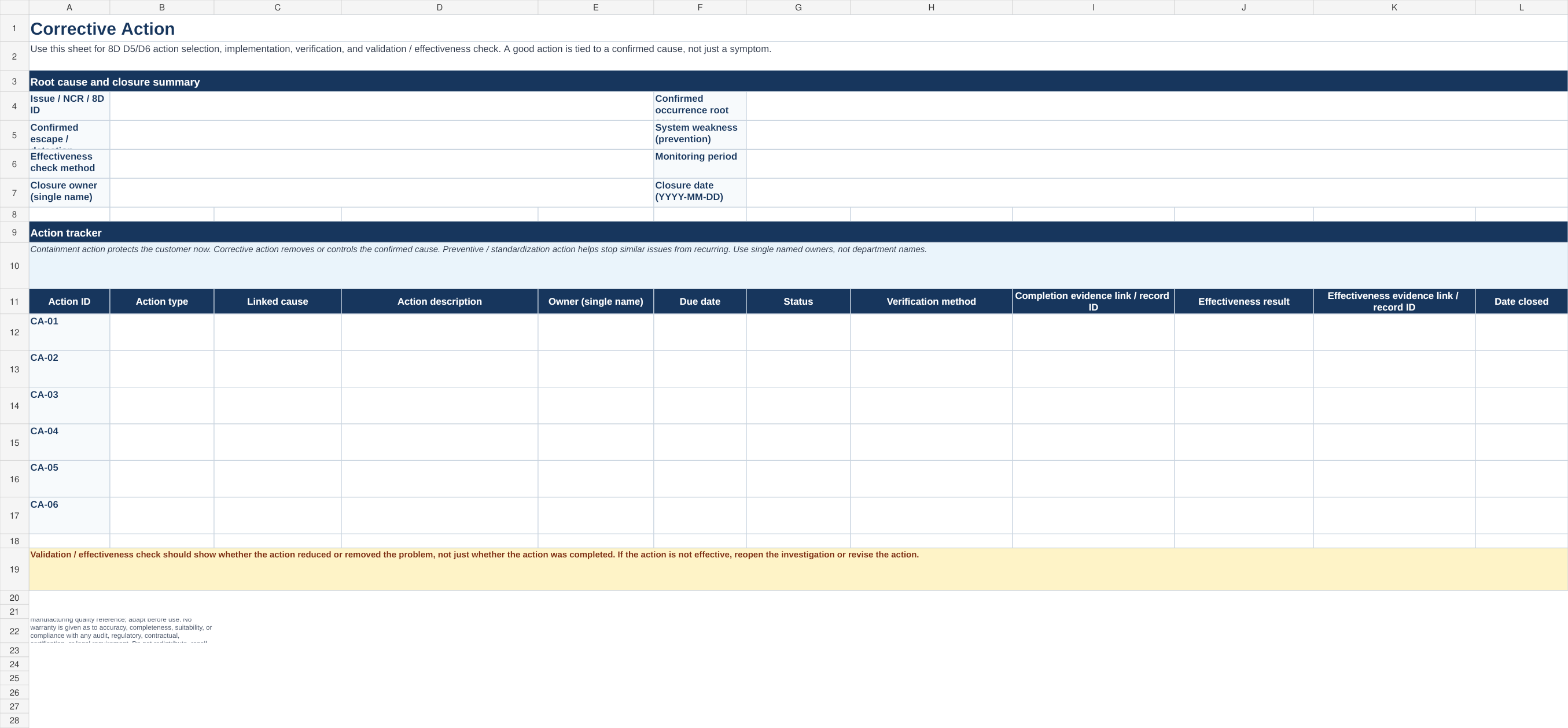 Corrective Action sheet of the 5 Whys Excel template.