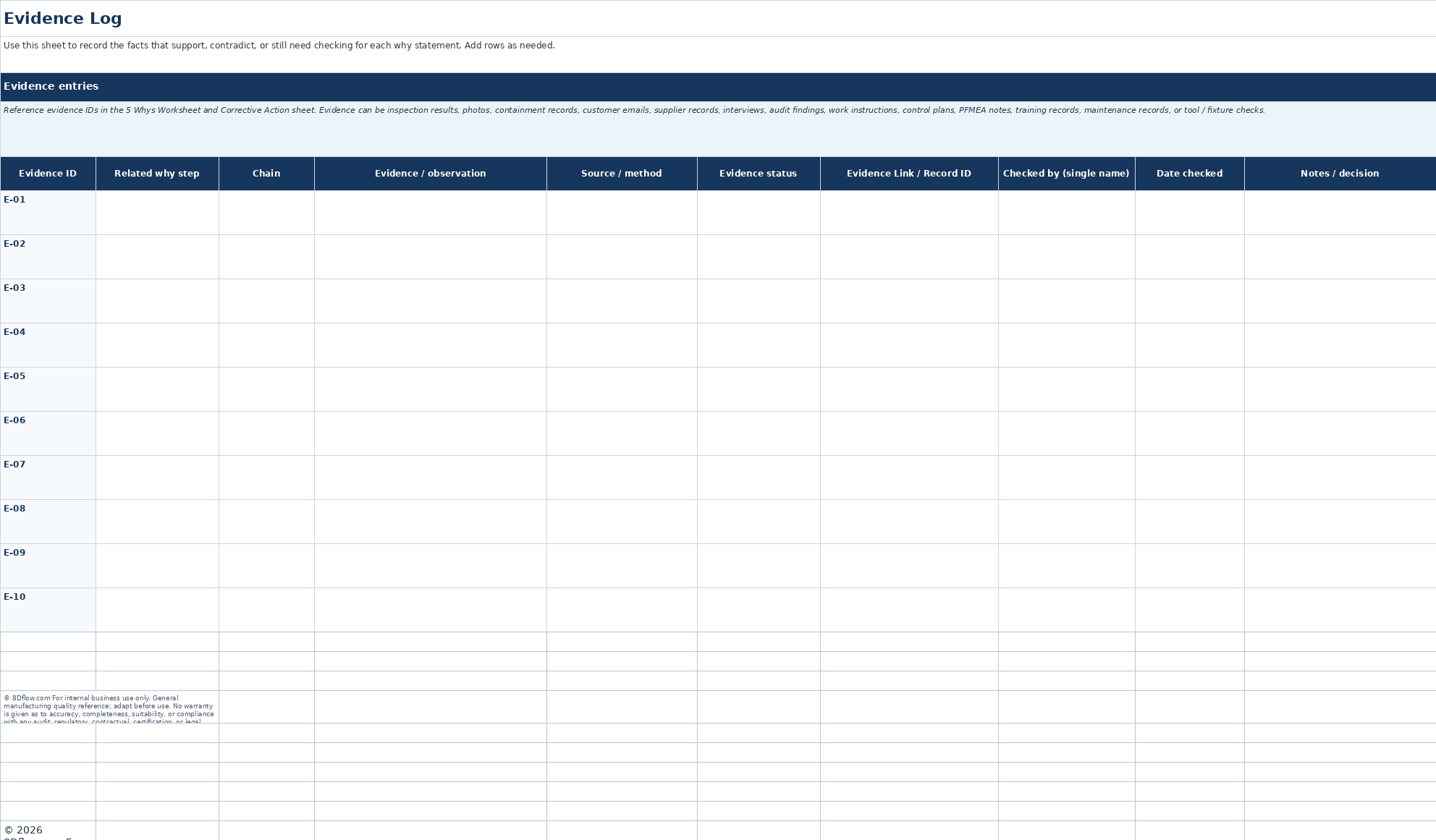Evidence Log sheet of the 5 Whys Excel template.