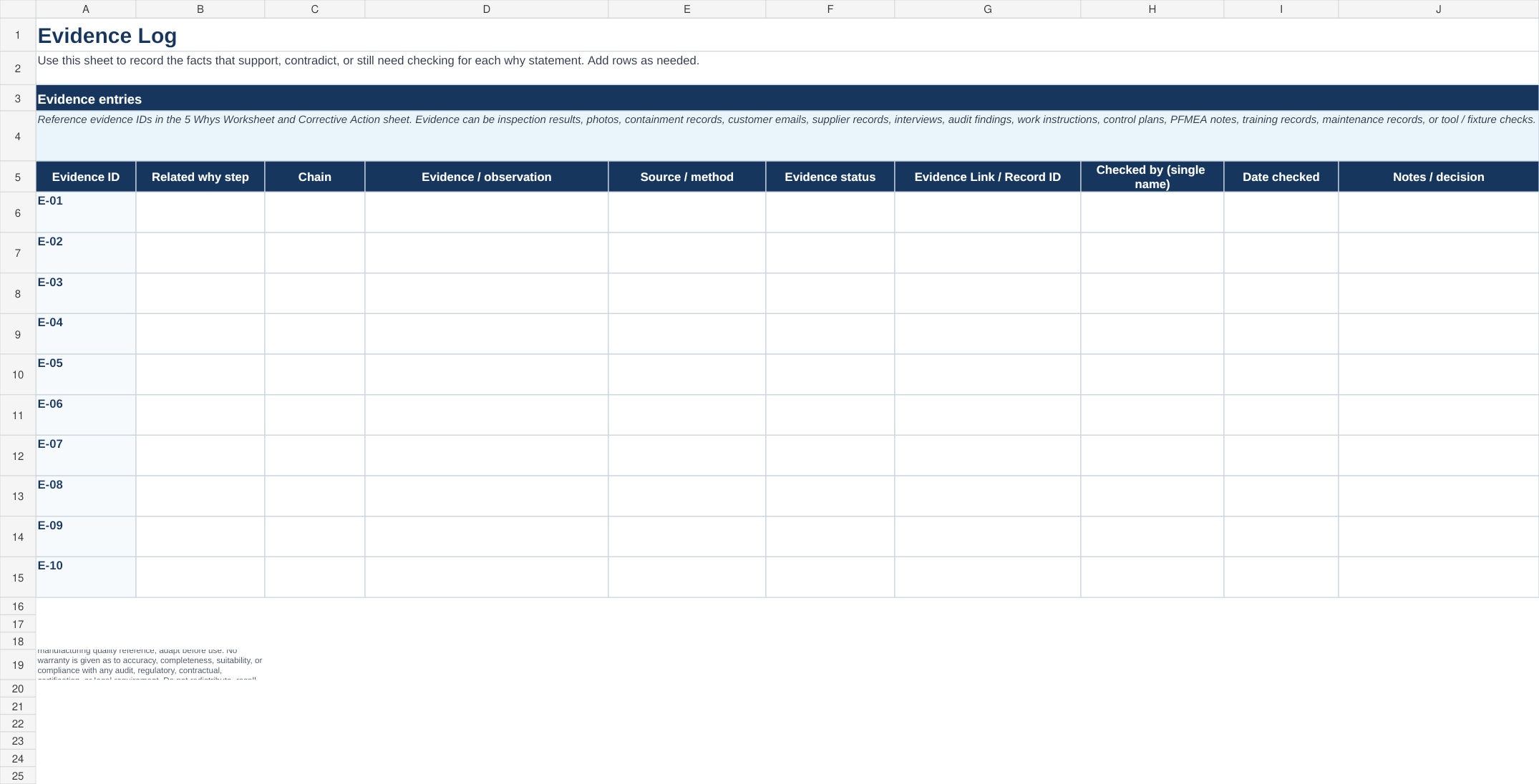 Evidence Log sheet of the 5 Whys Excel template.