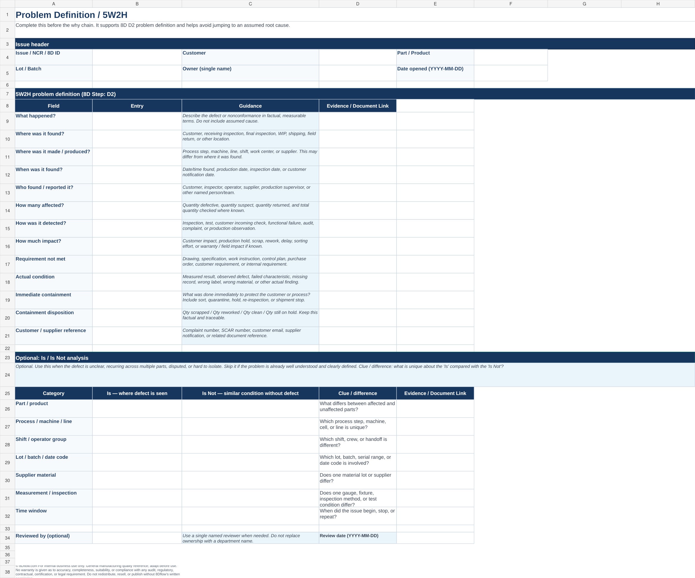 Problem Definition / 5W2H sheet of the 5 Whys Excel template.
