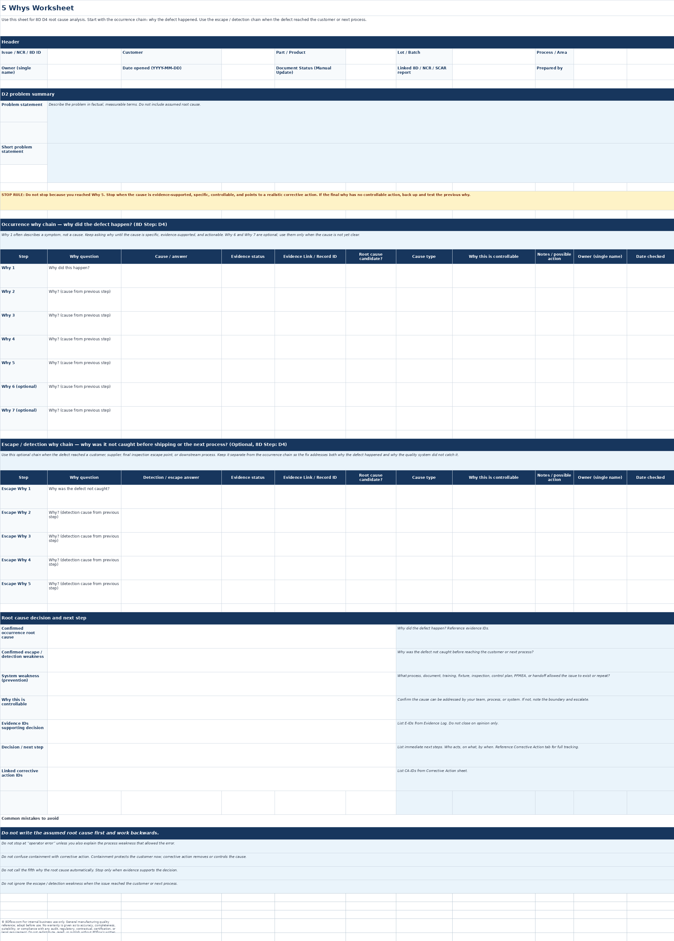 5 Whys Worksheet sheet of the 5 Whys Excel template.