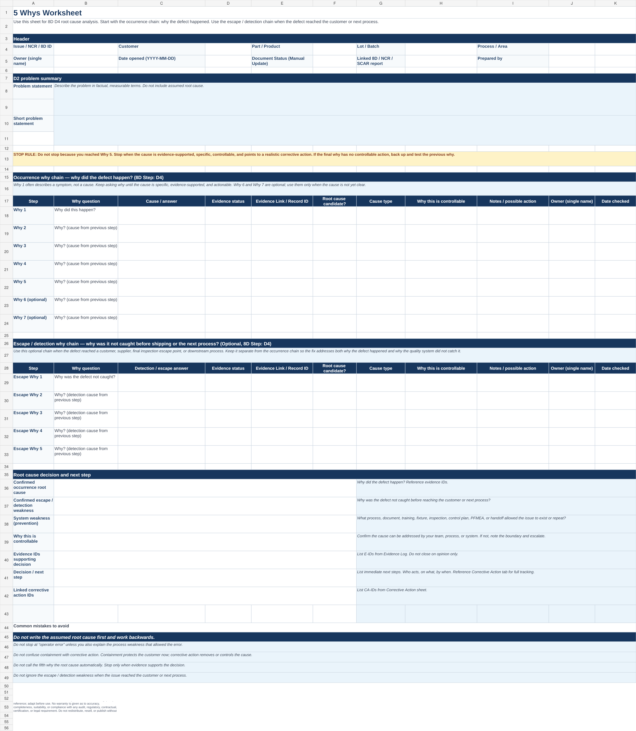 5 Whys Worksheet sheet of the 5 Whys Excel template.