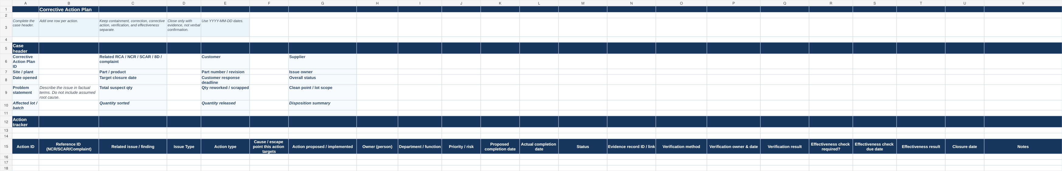 Corrective Action Plan tracker sheet of the corrective action plan Excel template.