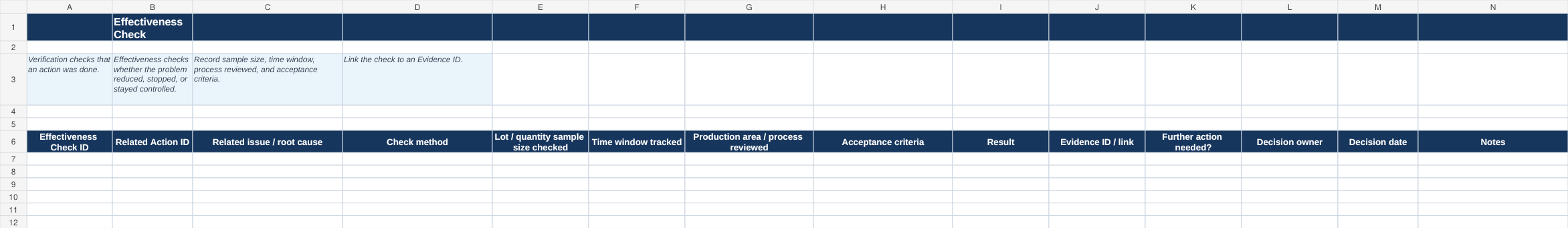 Effectiveness Check sheet of the corrective action plan Excel template.