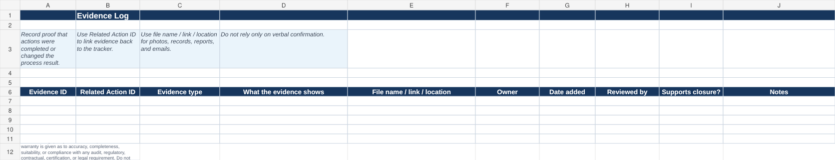 Evidence Log sheet of the corrective action plan Excel template.