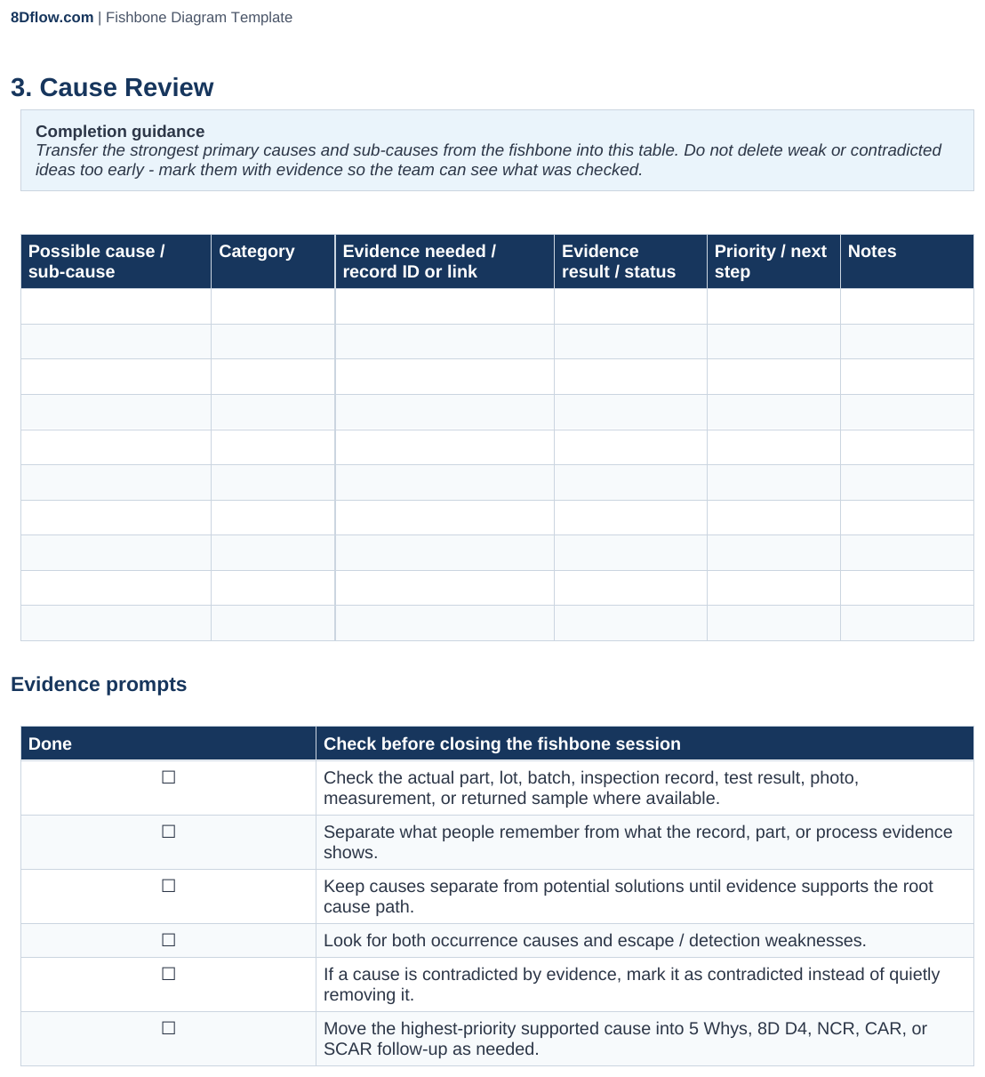 Cause Review page from the DOCX with evidence, status, priority, next-step, and notes columns