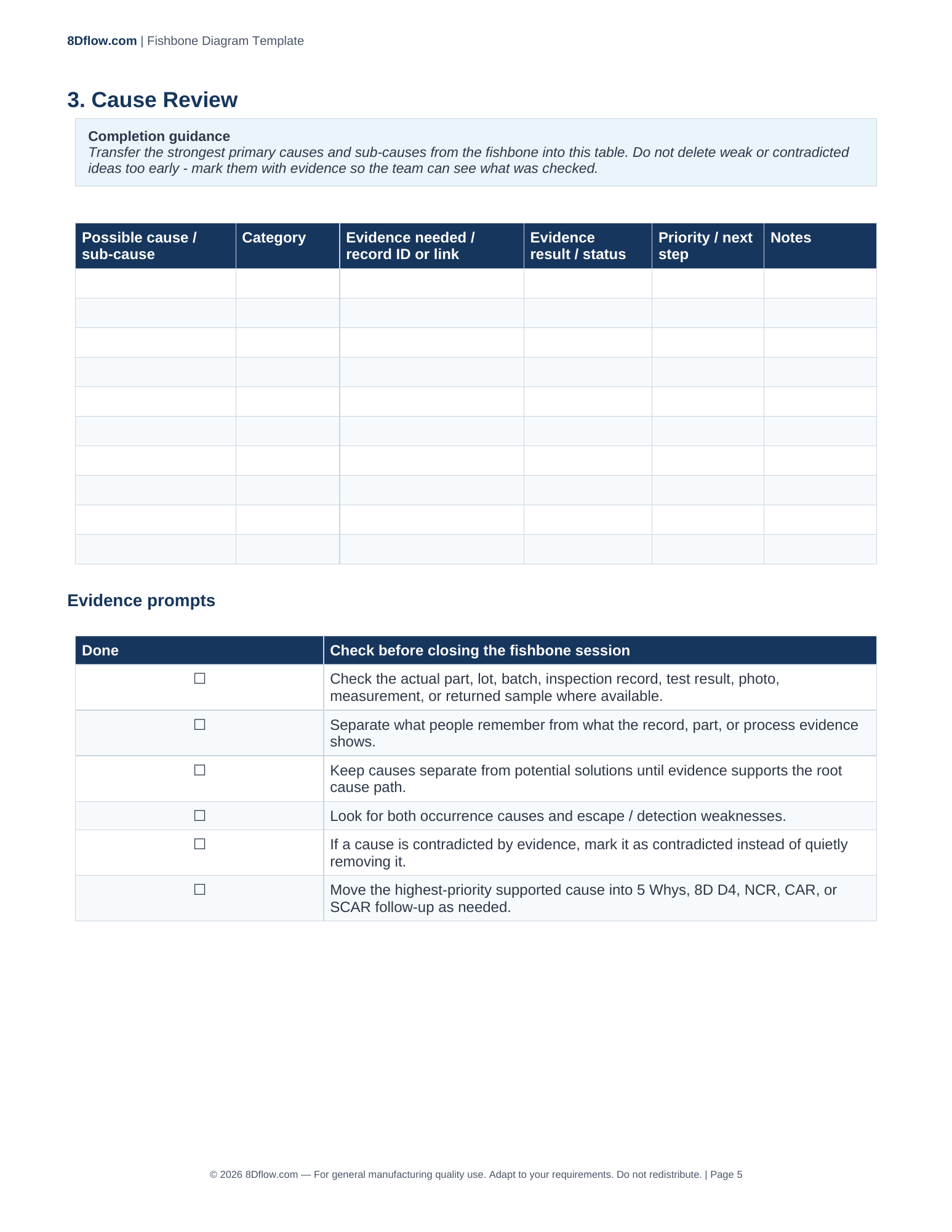 Cause Review page from the DOCX with evidence, status, priority, next-step, and notes columns
