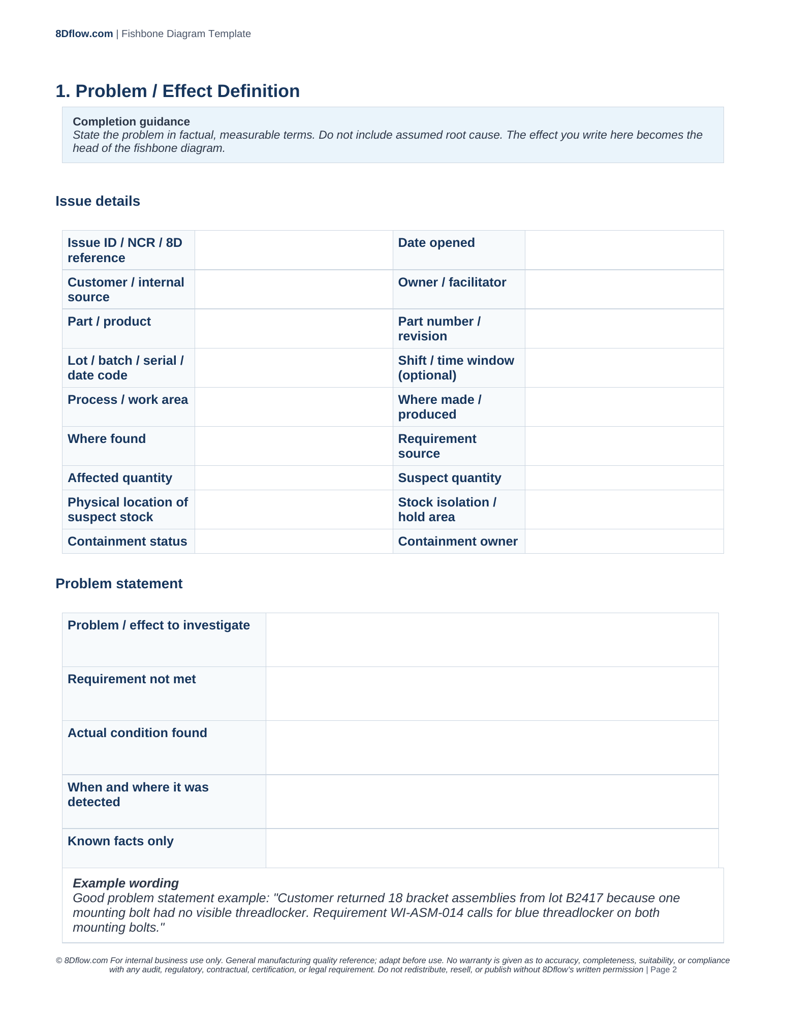 Problem / Effect Definition page from the DOCX with issue details and problem statement fields