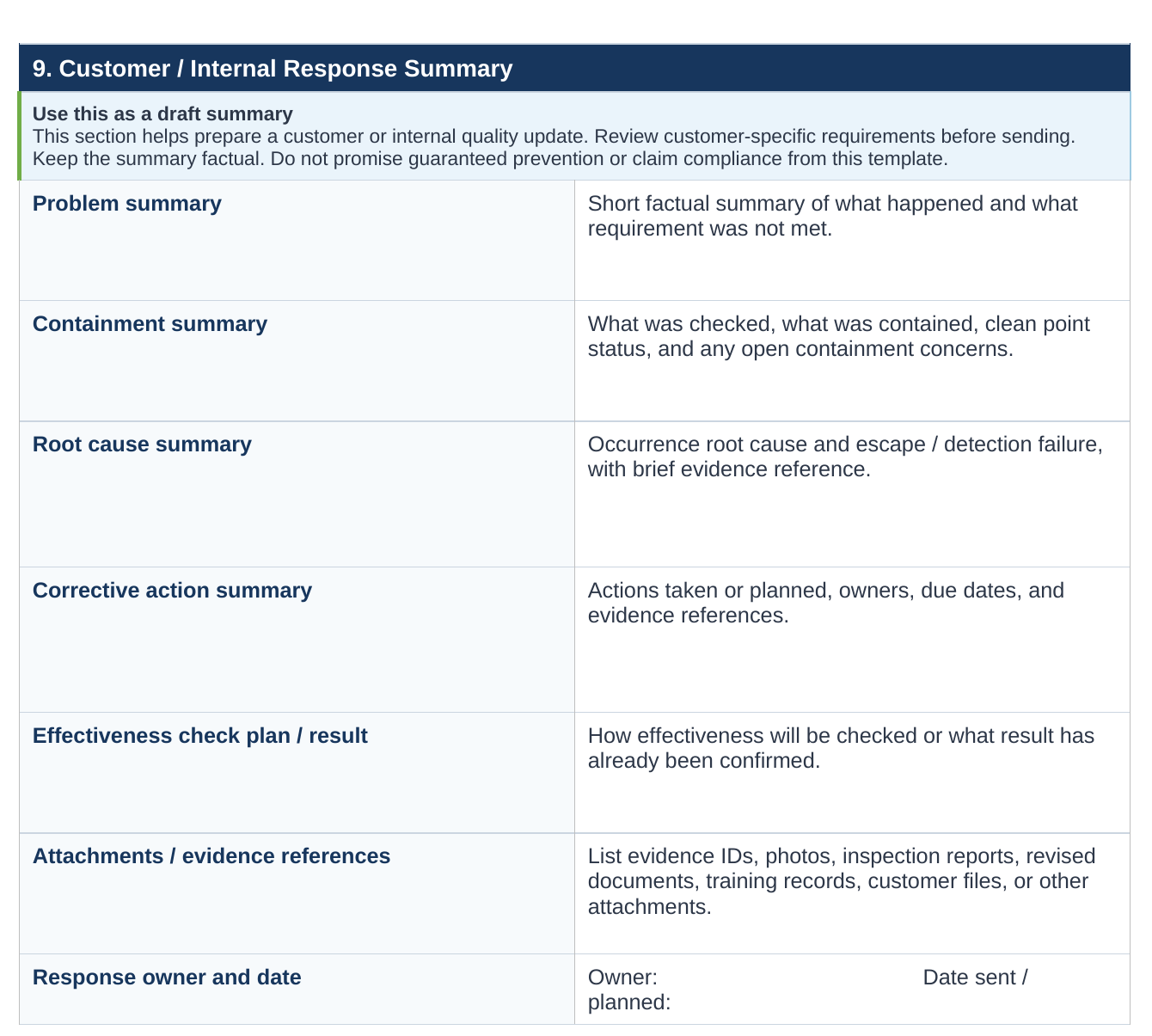 Customer / internal response summary page of the root cause analysis template.