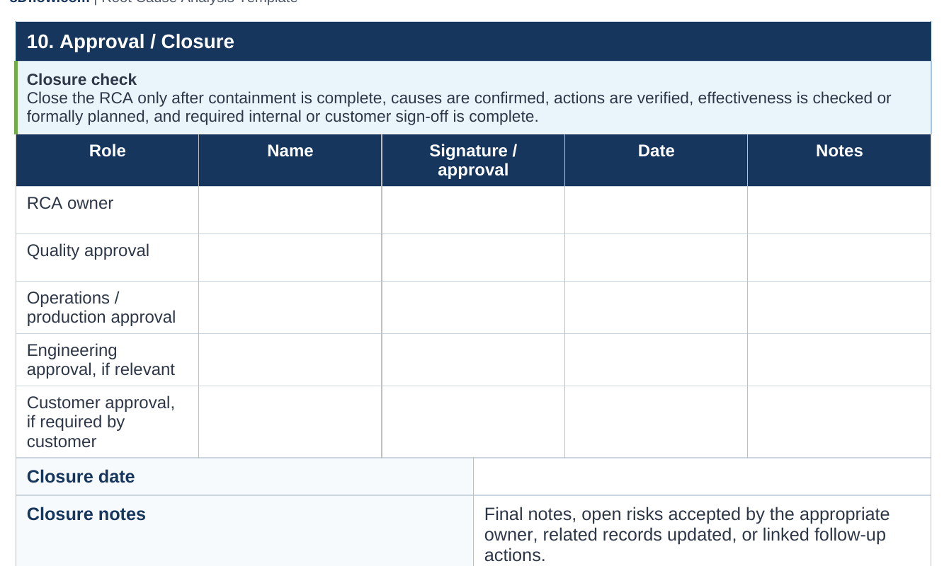 Approval and closure page of the root cause analysis template.