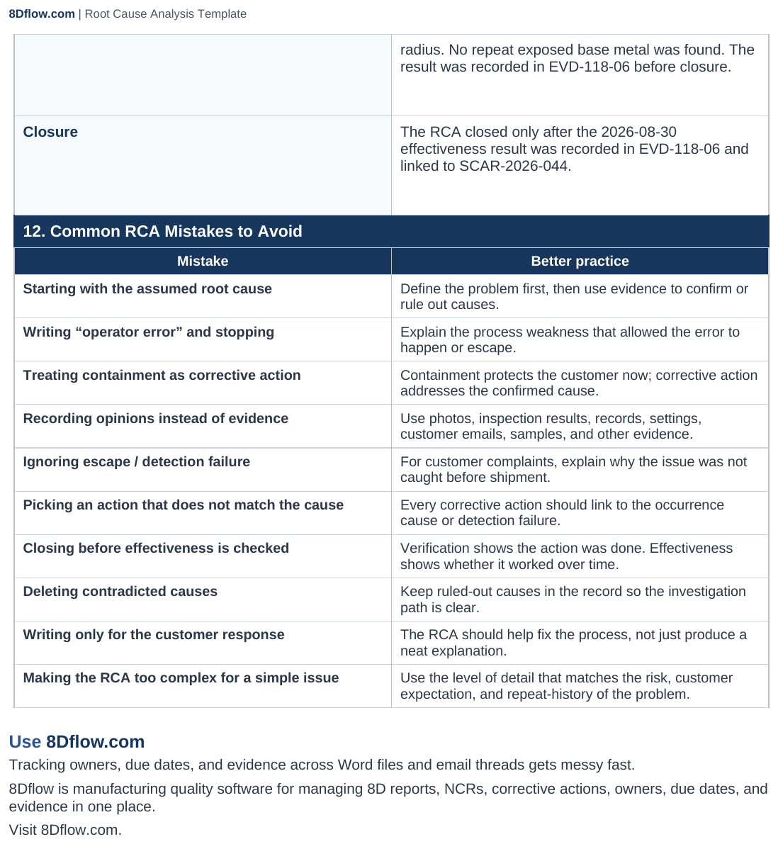 Common RCA mistakes page of the root cause analysis template.
